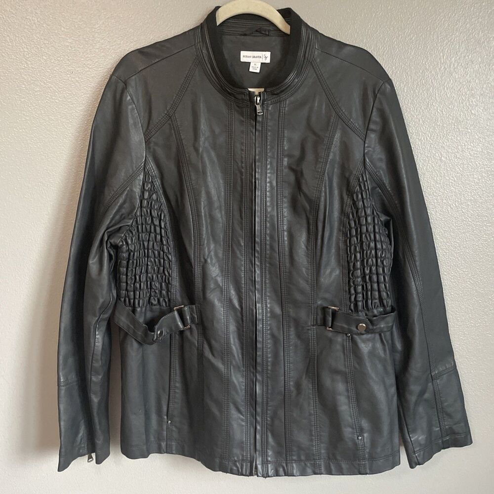 Susan Graver Faux Leather Moto Jacket Womens XL Black Quilted Ruched Full Zip